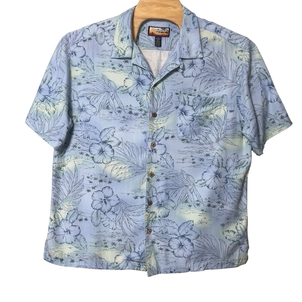 Havana Jacks Cafe XL Hawaiian Camp Shirt Aloha Blue Hibiscus Tropical Floral